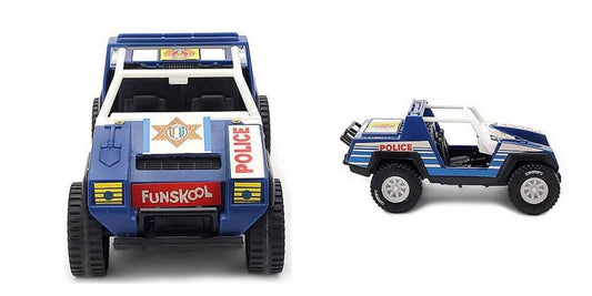 Two toy police vehicles, one larger and one smaller, on a white background.