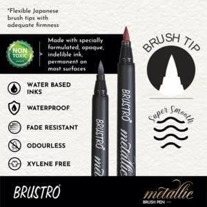 Brustro metallic brush pen with features and branding on a black background