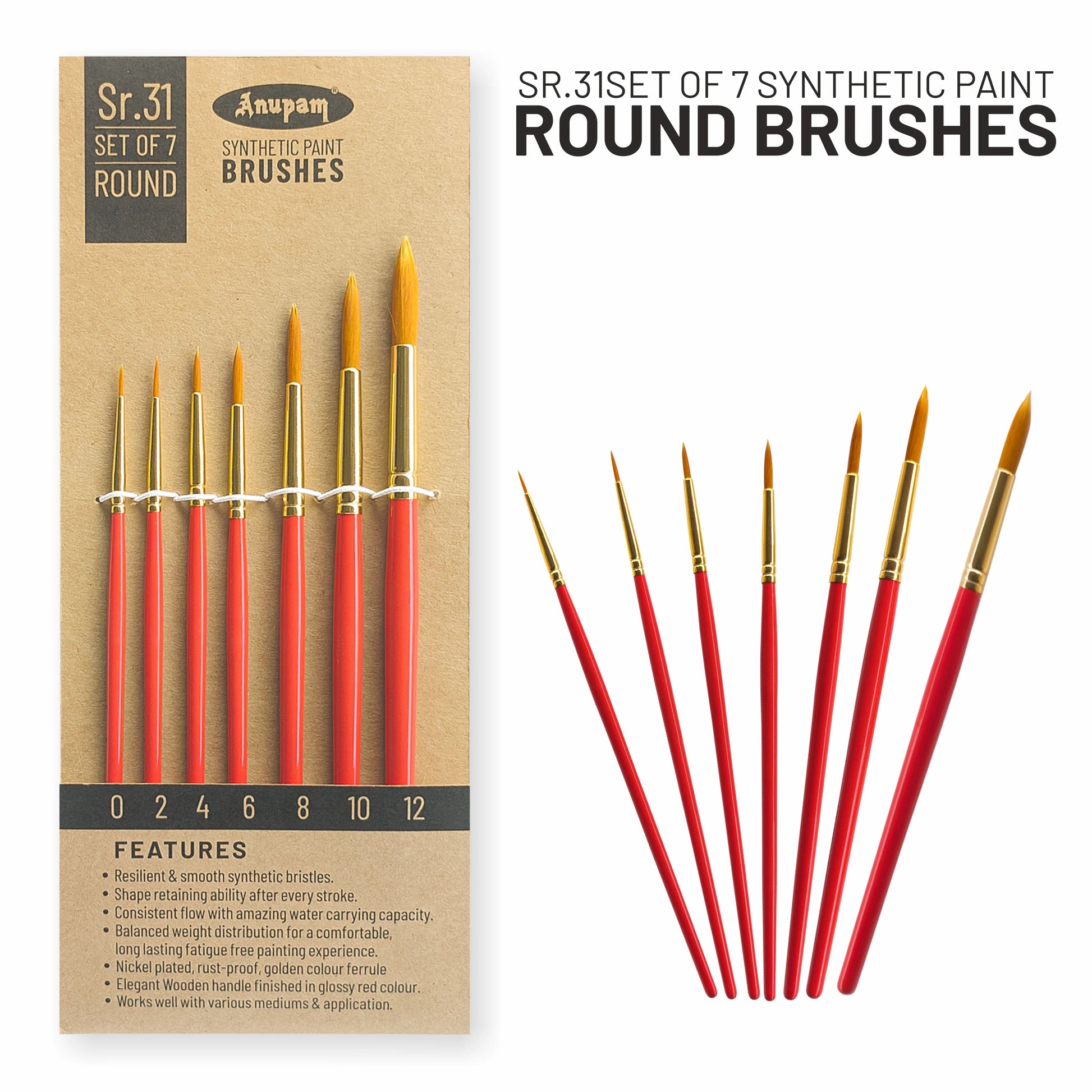 Set of 7 synthetic paint round brushes with packaging on a white background