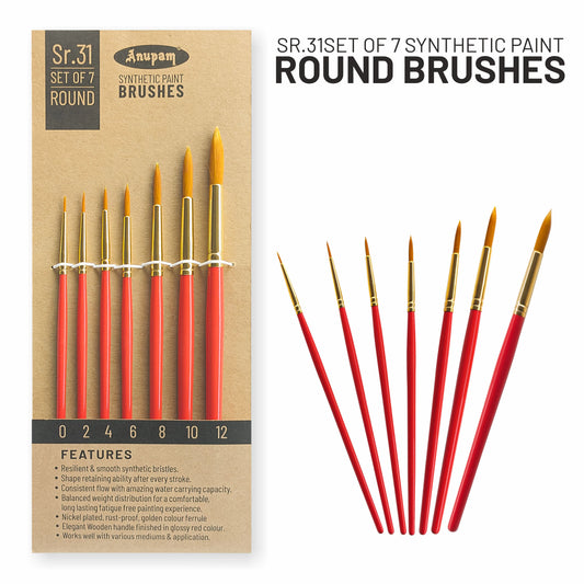Set of 7 synthetic paint round brushes with packaging on a white background