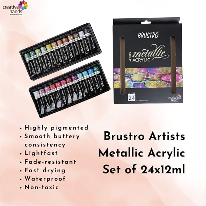 Brustro Artists Metallic Acrylic set with packaging on a light pink background