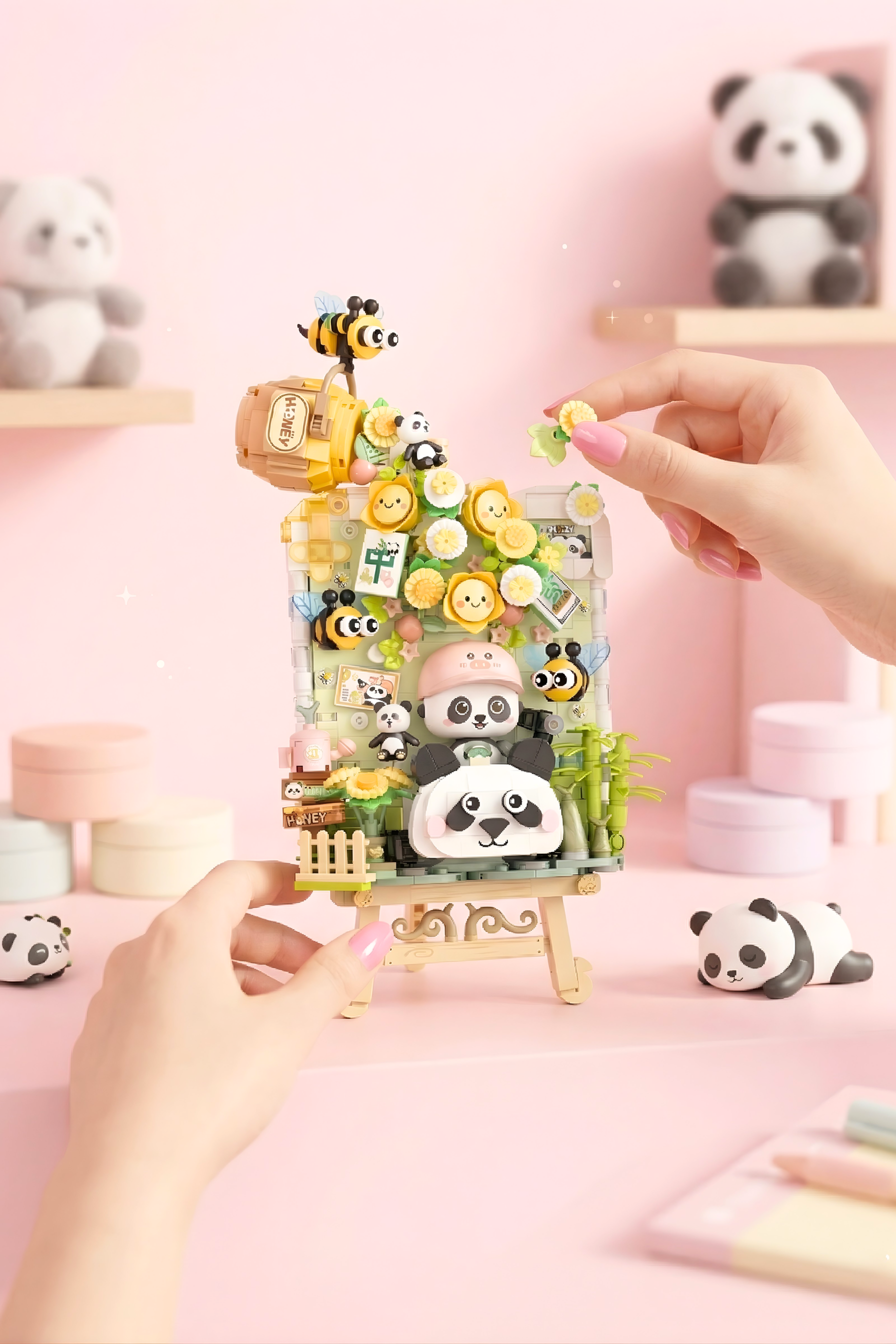 Small transparent box with panda-themed figurines on a pink background