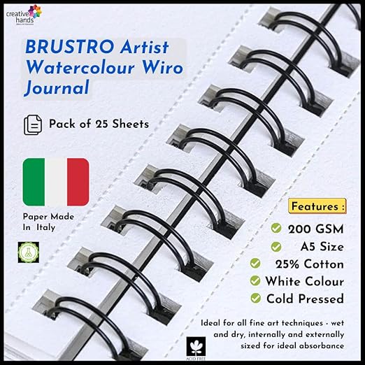 BRUSTRO Artist Watercolour Wiro Journal with features listed on a white background