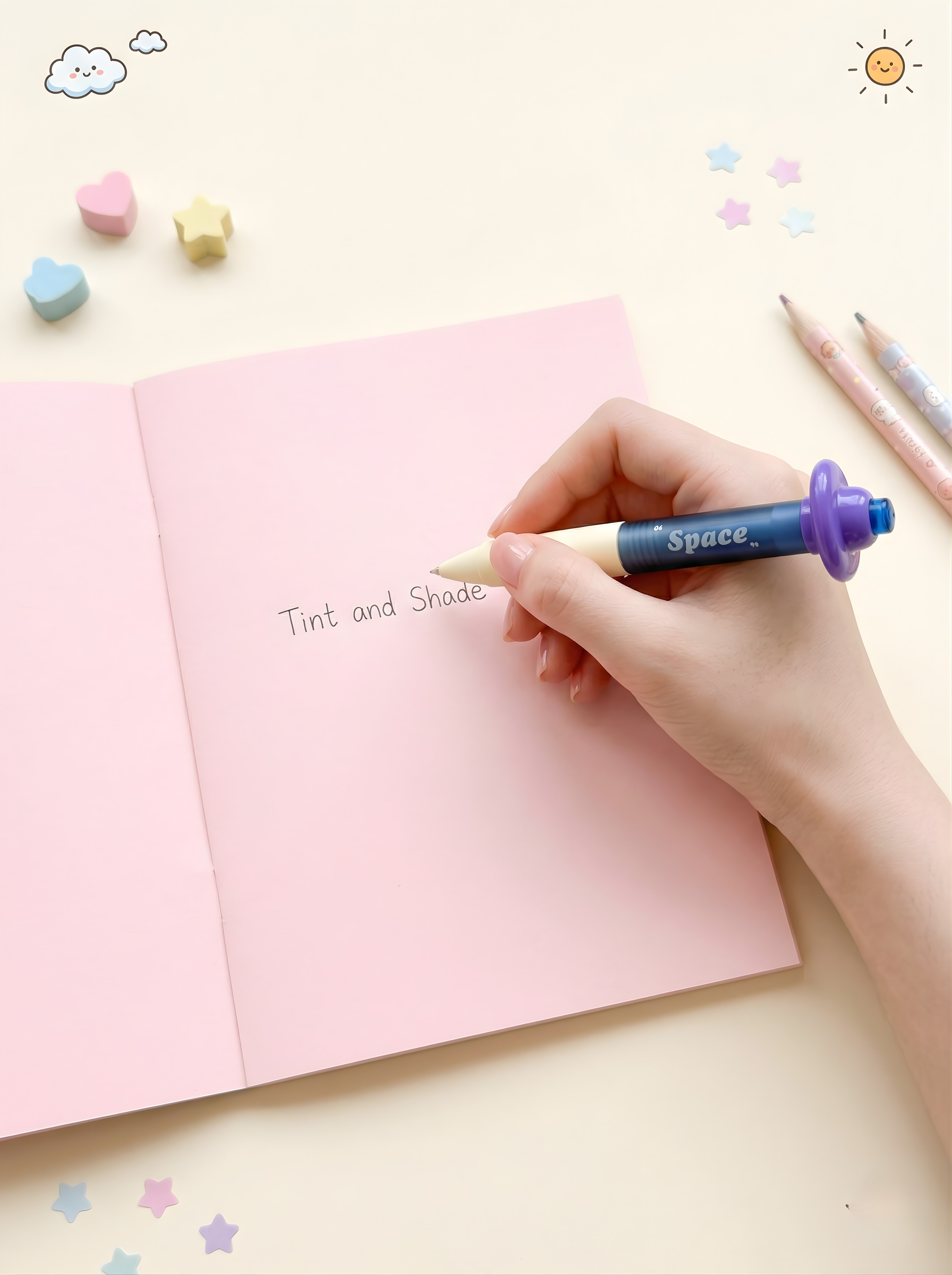 Hand holding a marker over a pink notebook with 'Tint and Shade' text, surrounded by colorful stationery items.