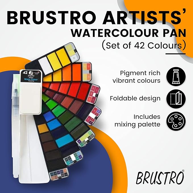 Brustro Artists' Watercolour Pan set with 42 colors on a colorful background