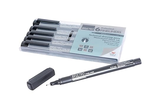 Set of Brustro professional fineliners with packaging on a white background