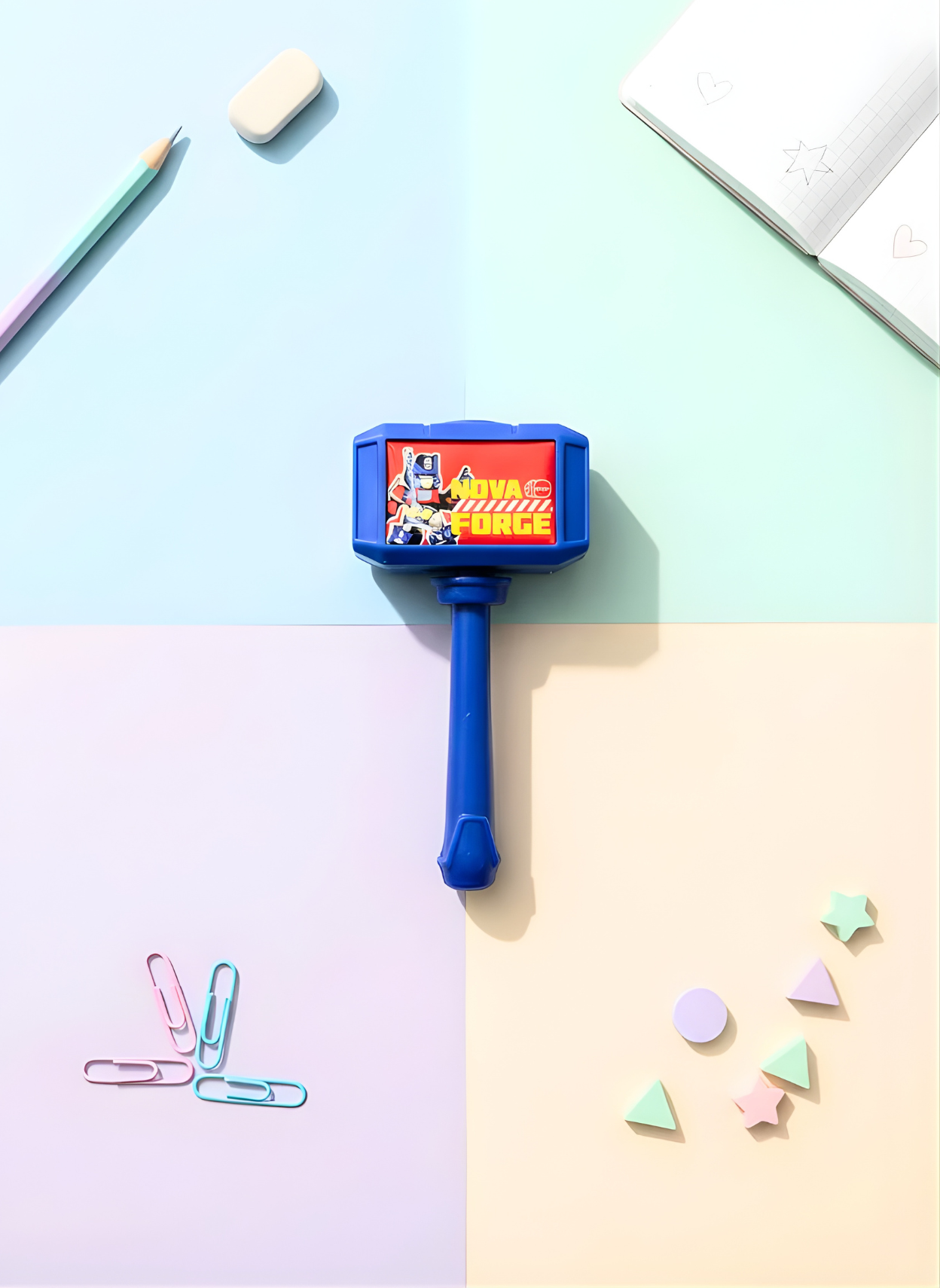 Blue toy hammer with cartoon character on a colorful background