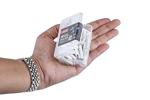 Hand holding a small container of erasers with a white background