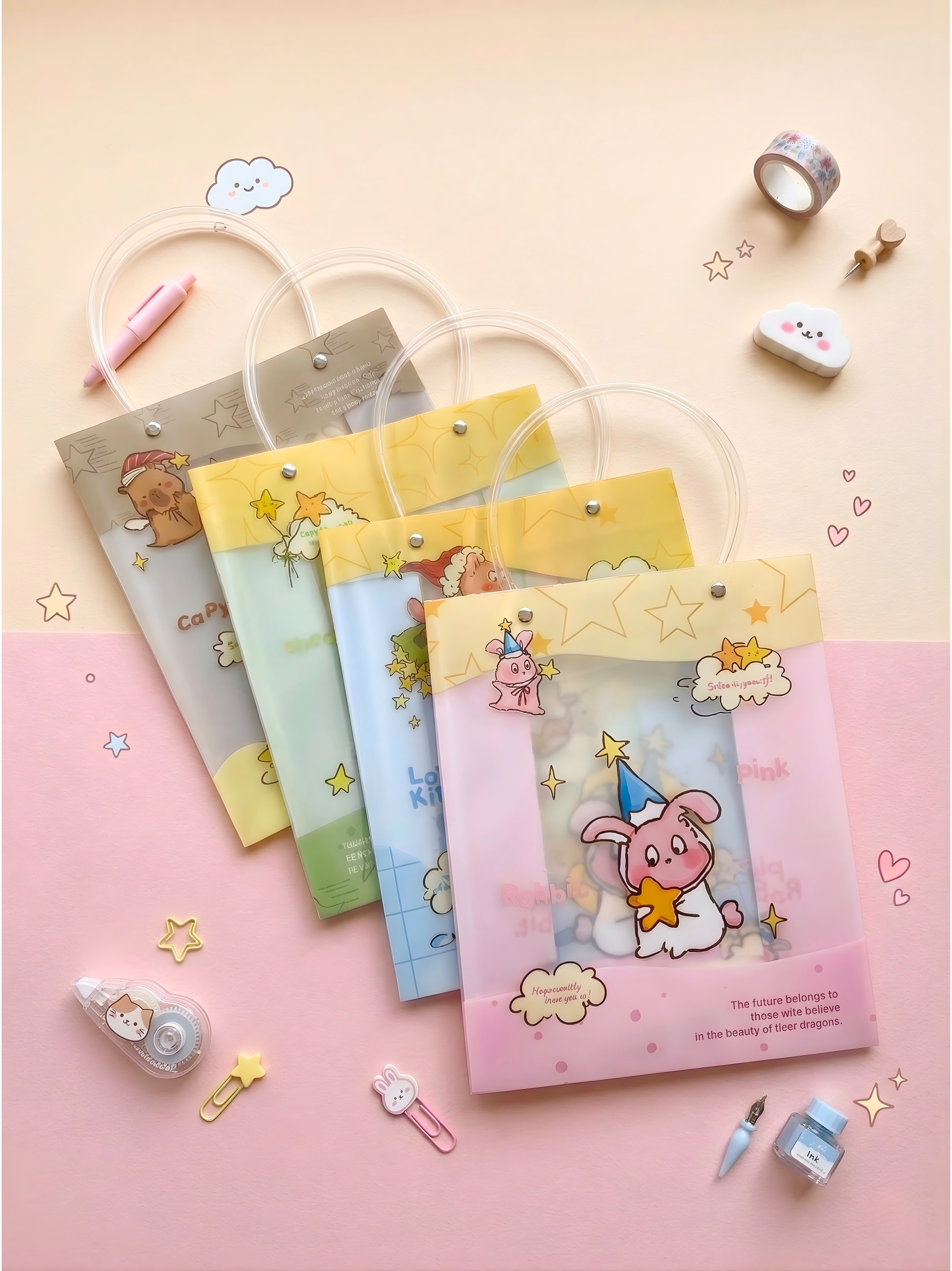 Set of colorful stationery pouches with cartoon designs on a pink background