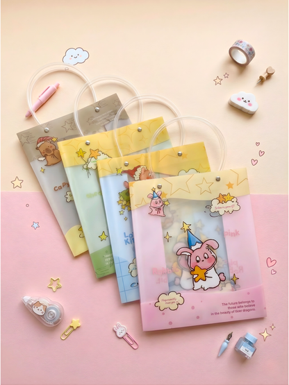 Set of colorful stationery pouches with cartoon designs on a pink background