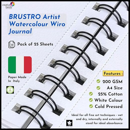 BRUSTRO Artist Watercolour Wiro Journal with wire binding and paper details.