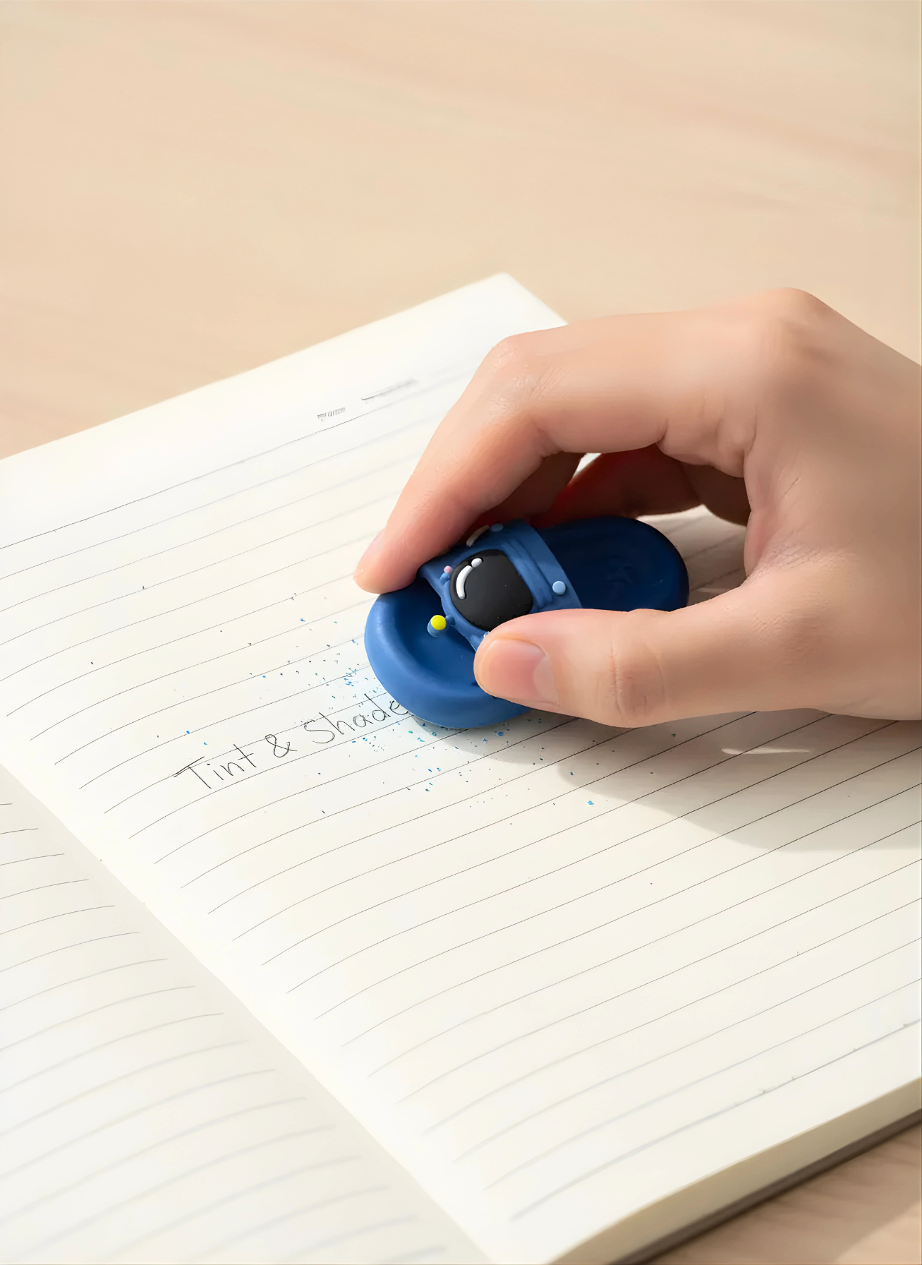 Hand holding a blue and black device over a notebook