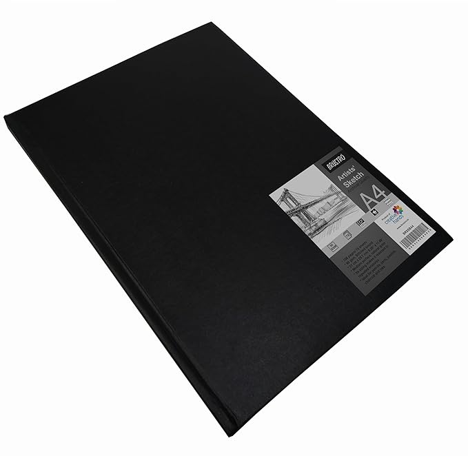 Black sketchbook with a visible brand label on a white background