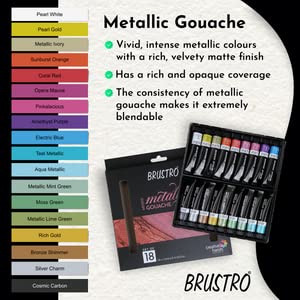 Brustro metallic gouache set with color swatches and product details.