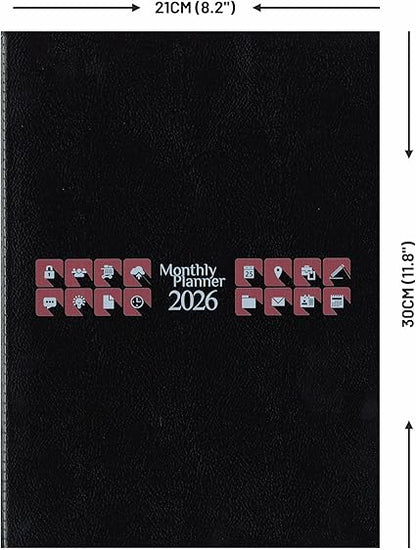 Black monthly planner for 2026 with icons and dimensions displayed