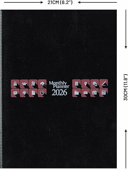 Black monthly planner for 2026 with icons and dimensions displayed