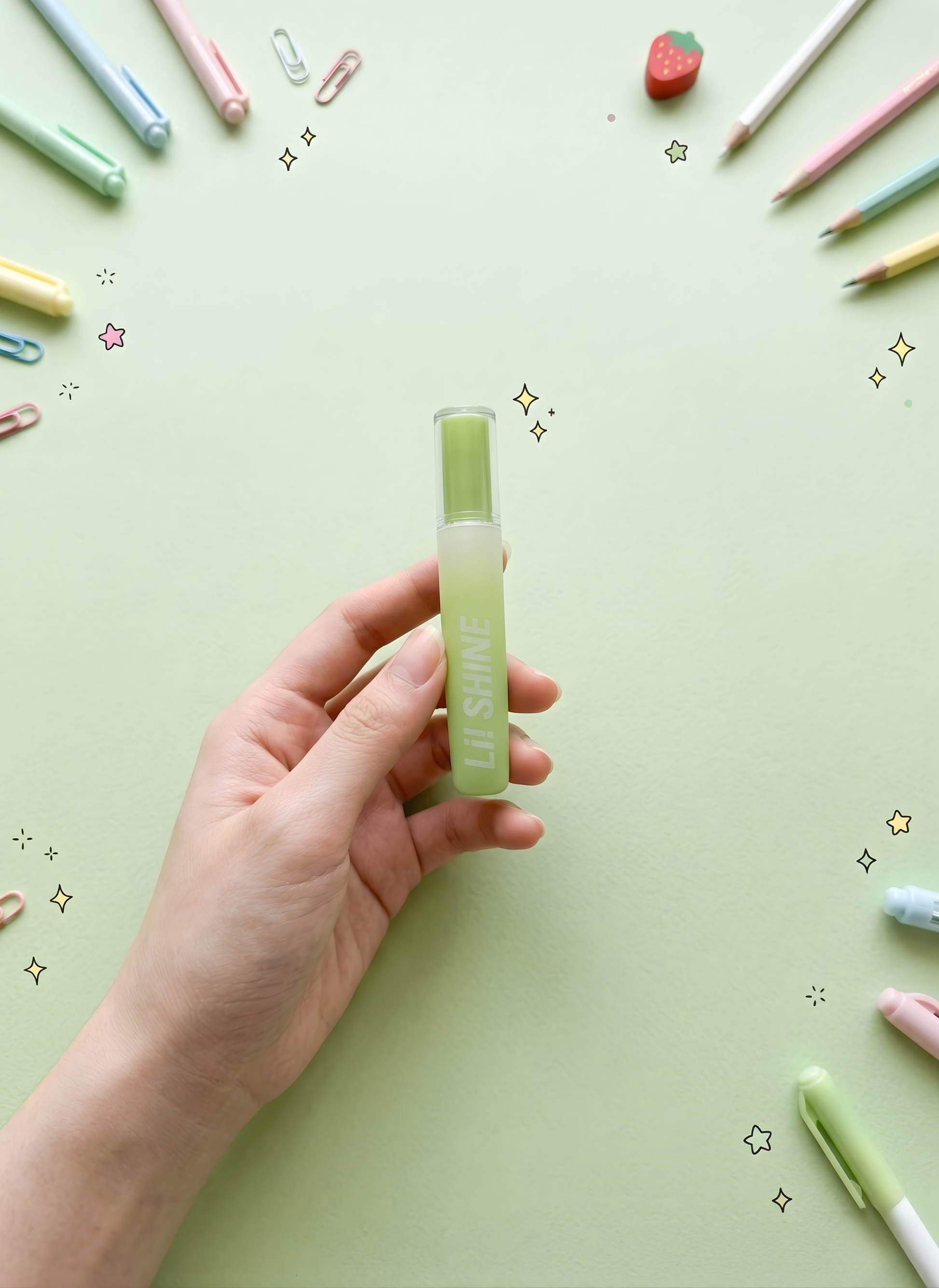 Hand holding a green lip balm against a light green background with colorful lip balms scattered around
