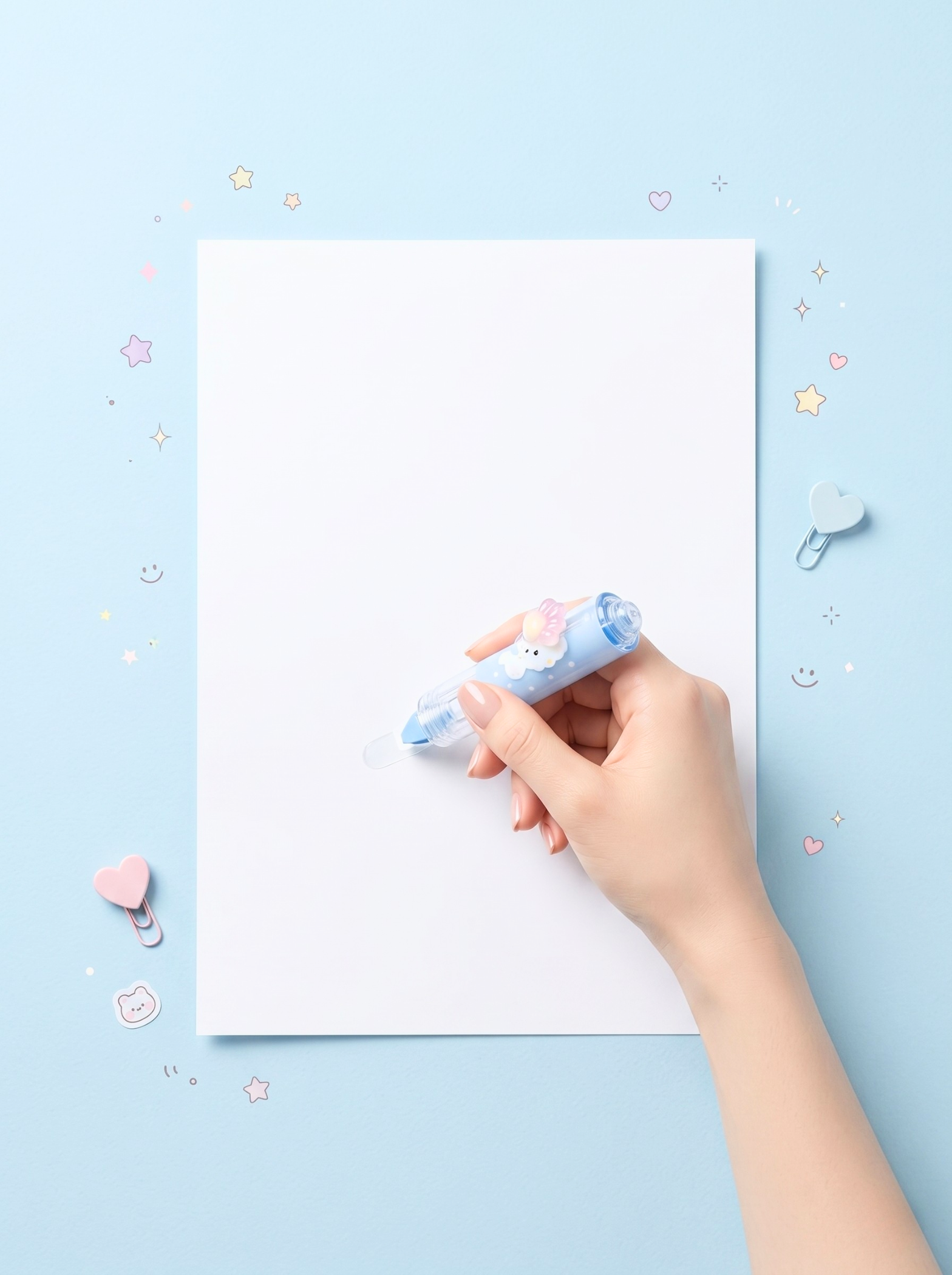 Hand holding a blue and white eraser over a piece of paper on a light blue background with decorative elements.