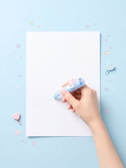 Hand holding a blue and white eraser over a piece of paper on a light blue background with decorative elements.