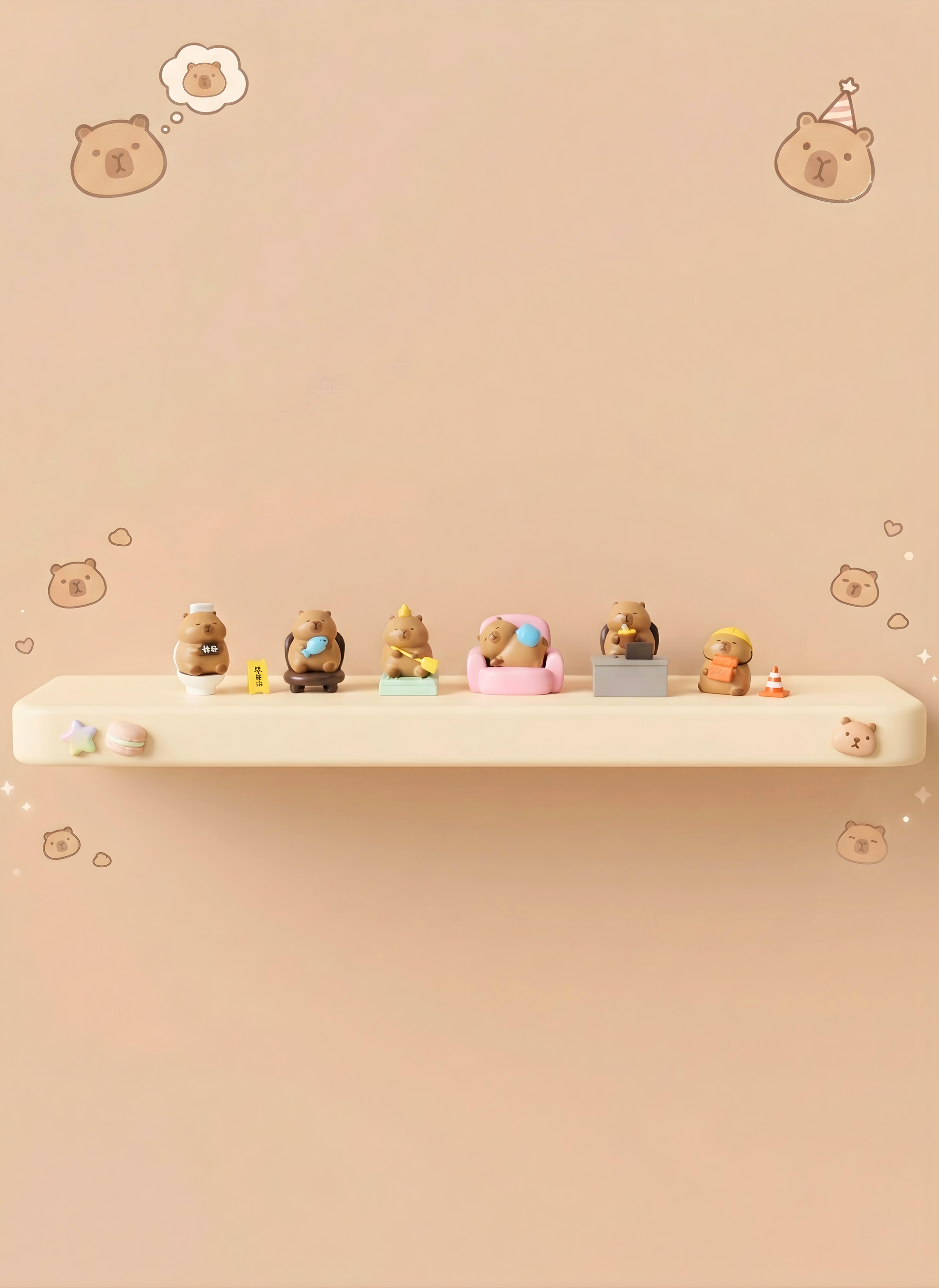 Small figurines on a shelf with a thought bubble above, set against a beige background.