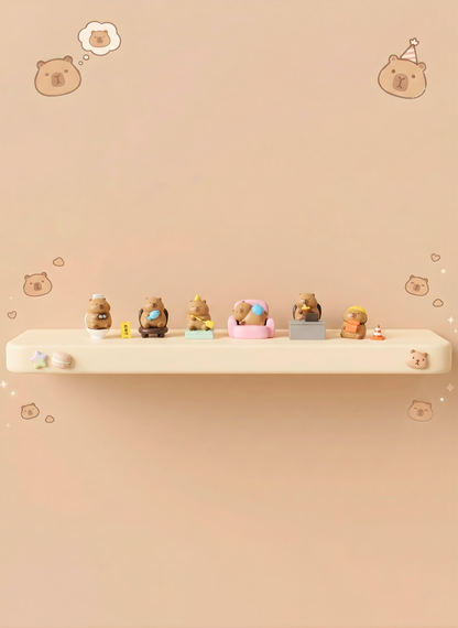 Small figurines on a shelf with a thought bubble above, set against a beige background.