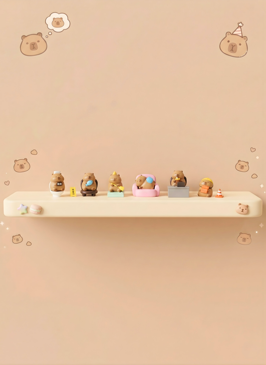 Small figurines on a shelf with a thought bubble above, set against a beige background.