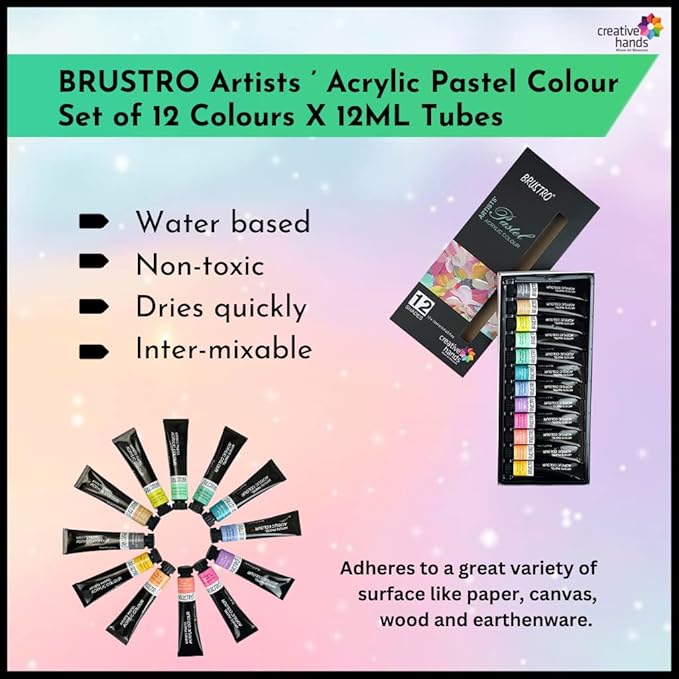 BRUSTRO Artists' Acrylic Pastel Colour Set with packaging and product display on a gradient background