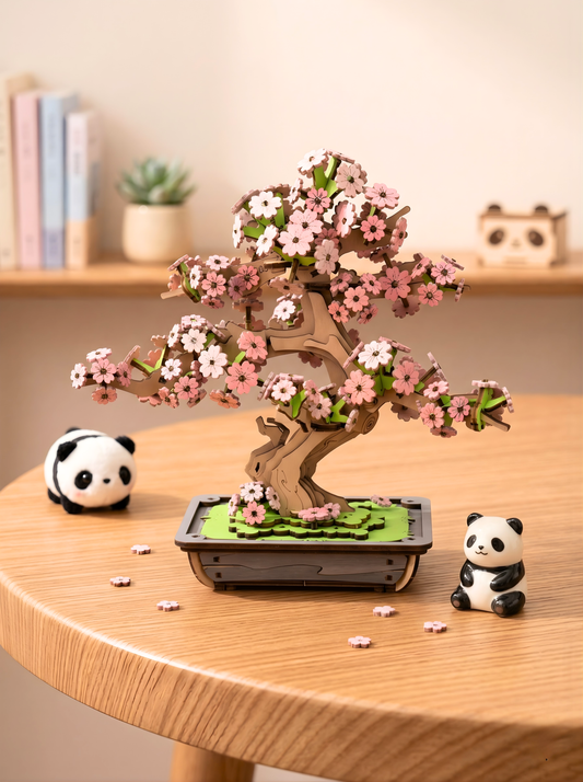 Bonsai tree model with panda figures on a wooden table