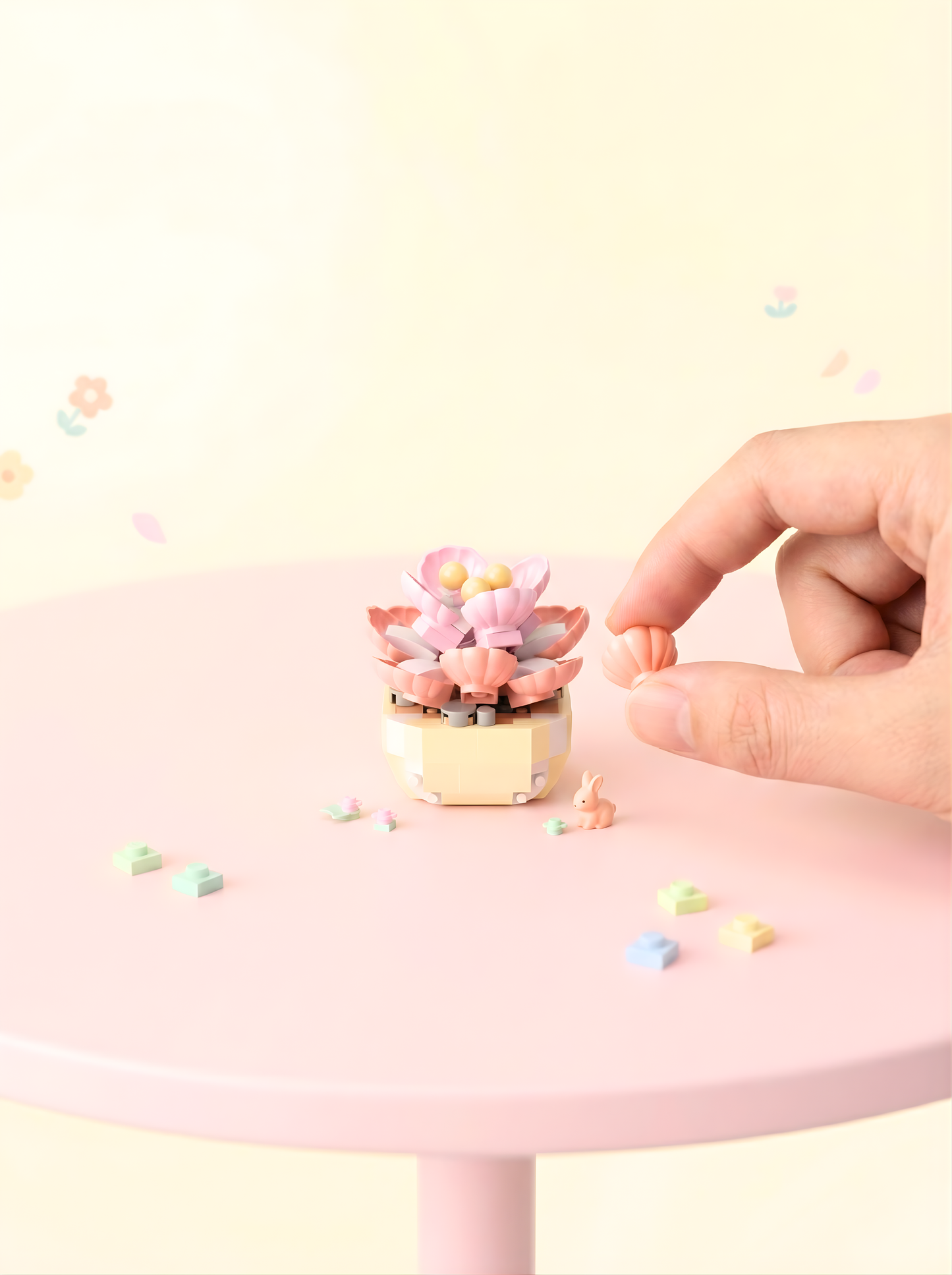 Small decorative plant on a pink stand with a hand reaching towards it against a light background
