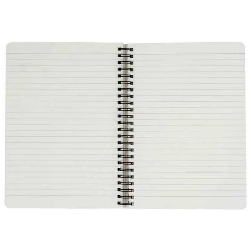 Open notebook with spiral binding on a white background