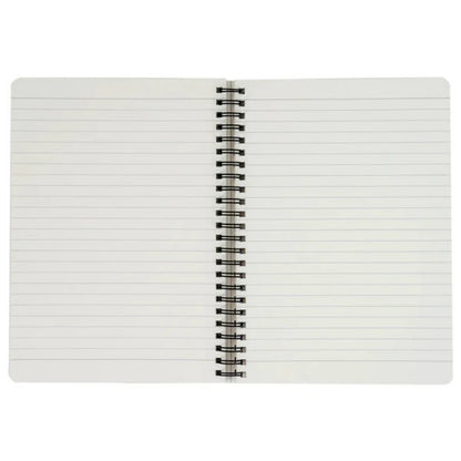 Open notebook with spiral binding on a white background
