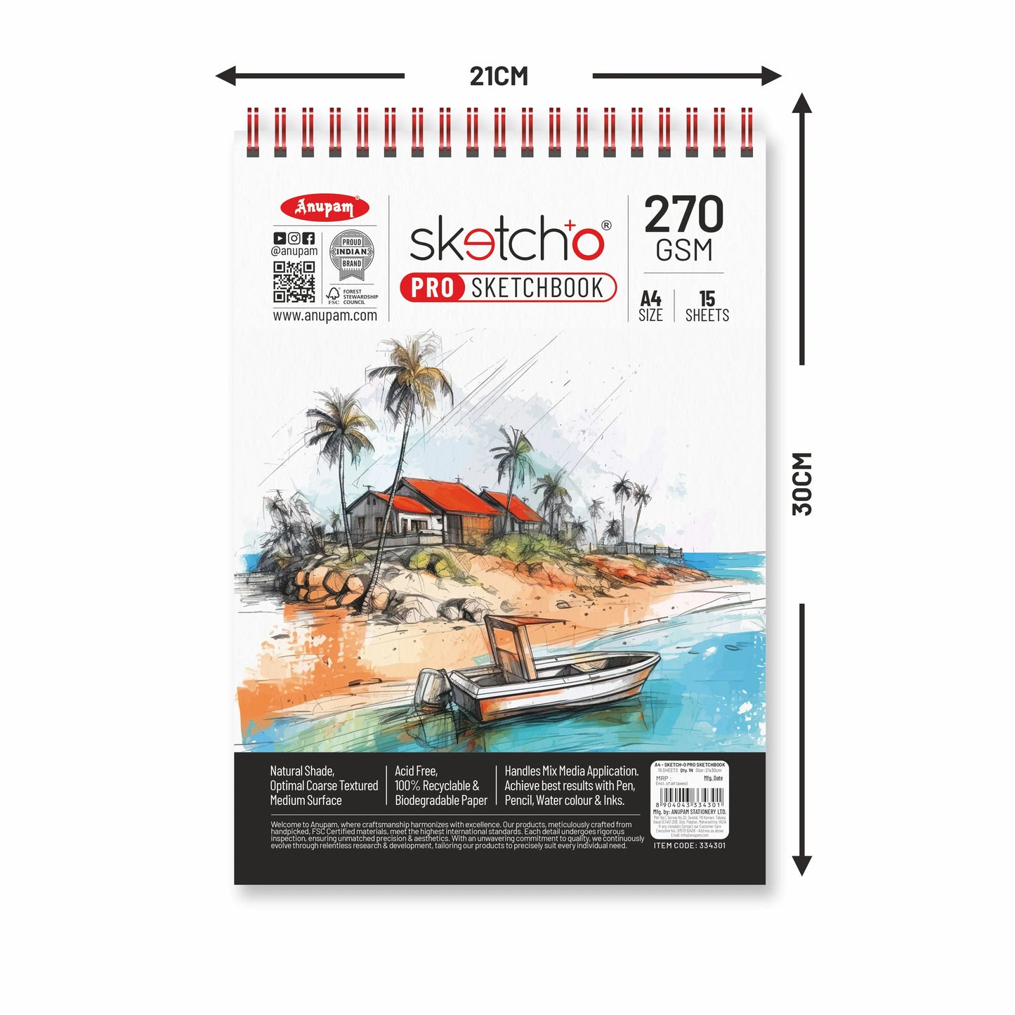 Anpan Sketcho Pro sketchbook with a beach scene illustration on the cover, showing dimensions and specifications.