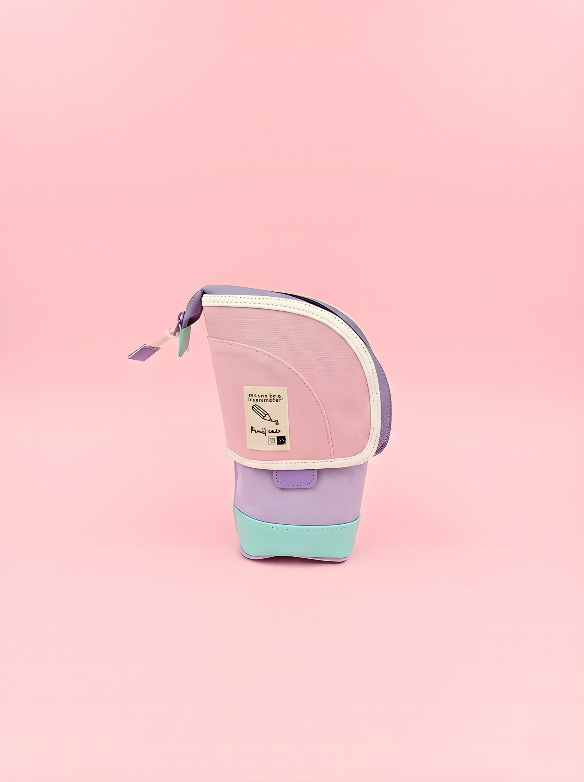 Small pink and purple bag with a visible brand label on a pink background