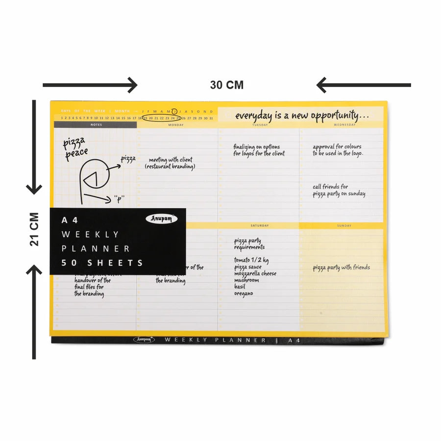 A4 weekly planner with dimensions labeled on a white background