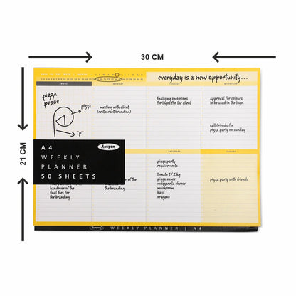 A4 weekly planner with dimensions labeled on a white background
