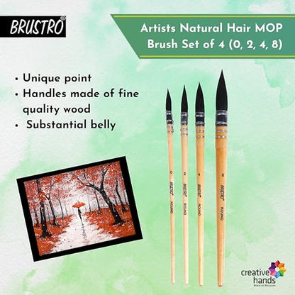 BRUSTRO Artist's Natural Hair MOP Brush | Set of 4 - (0, 2, 4, 8) |Synthetic, Round Paint Brush