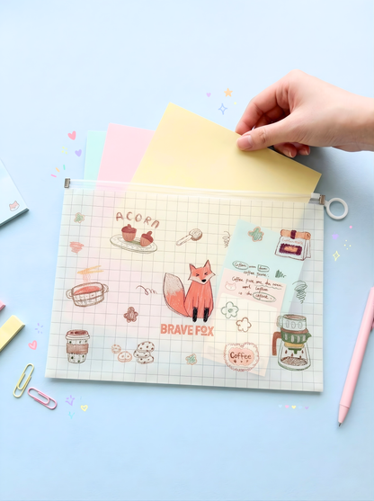 Hand holding a yellow sheet over a grid-patterned paper with cartoon designs on a light blue background.