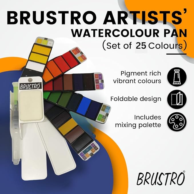 Brustro Artists' Watercolour Pan set with various colors on a colorful background