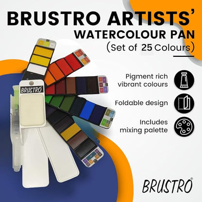 Brustro Artists' Watercolour Pan set with various colors on a colorful background