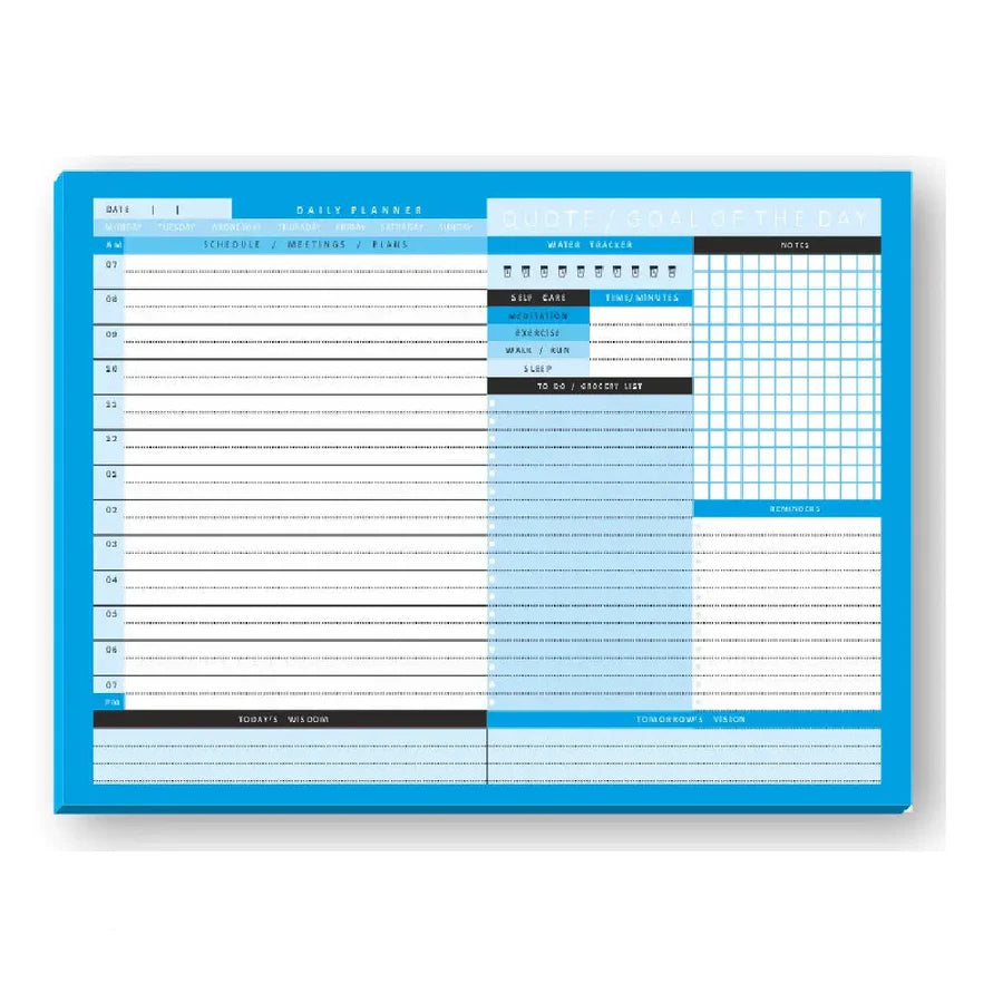 Blue daily planner with various sections on a white background