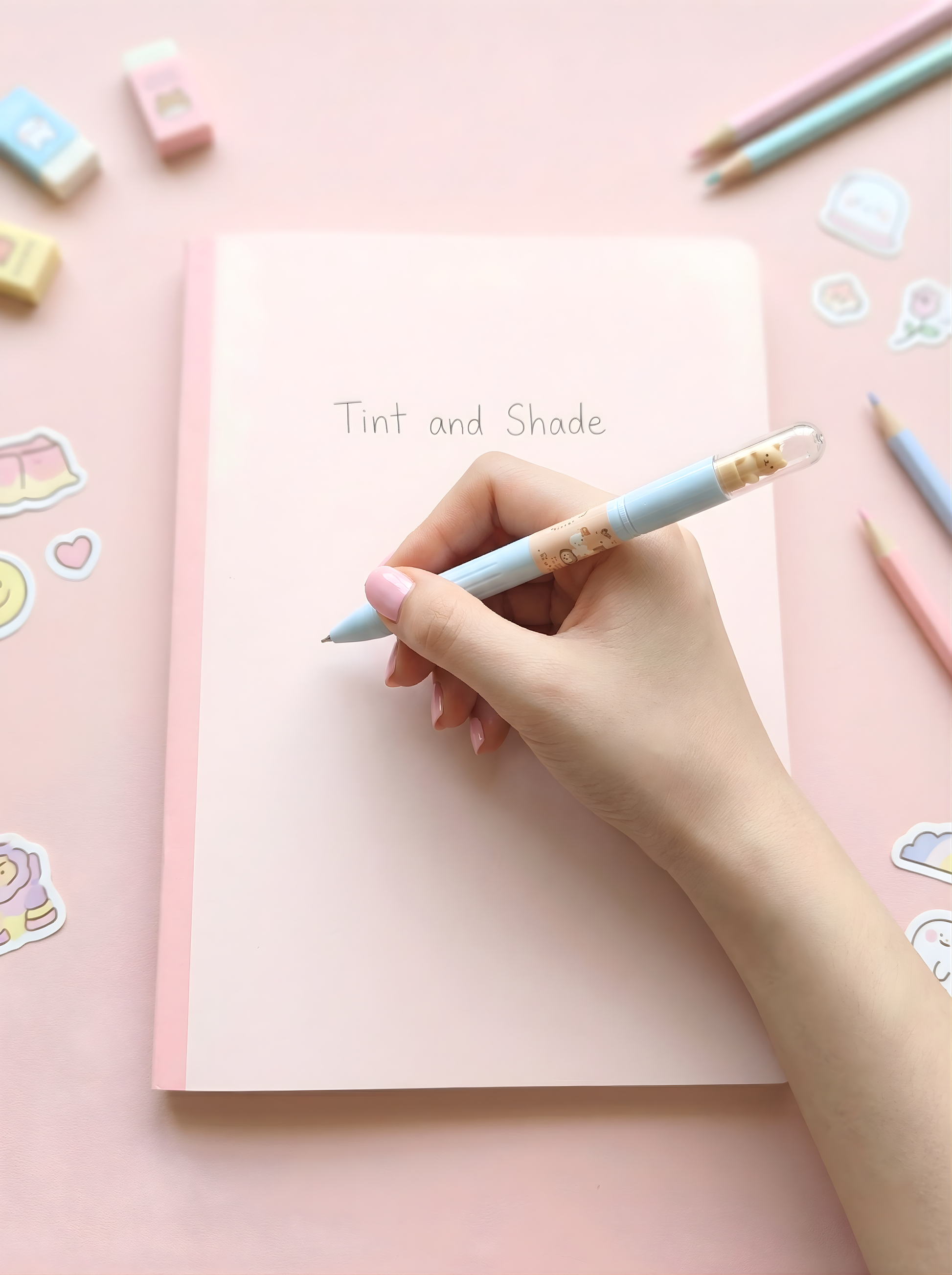 Hand holding a light blue pencil over a pink notebook with stickers on a pink background