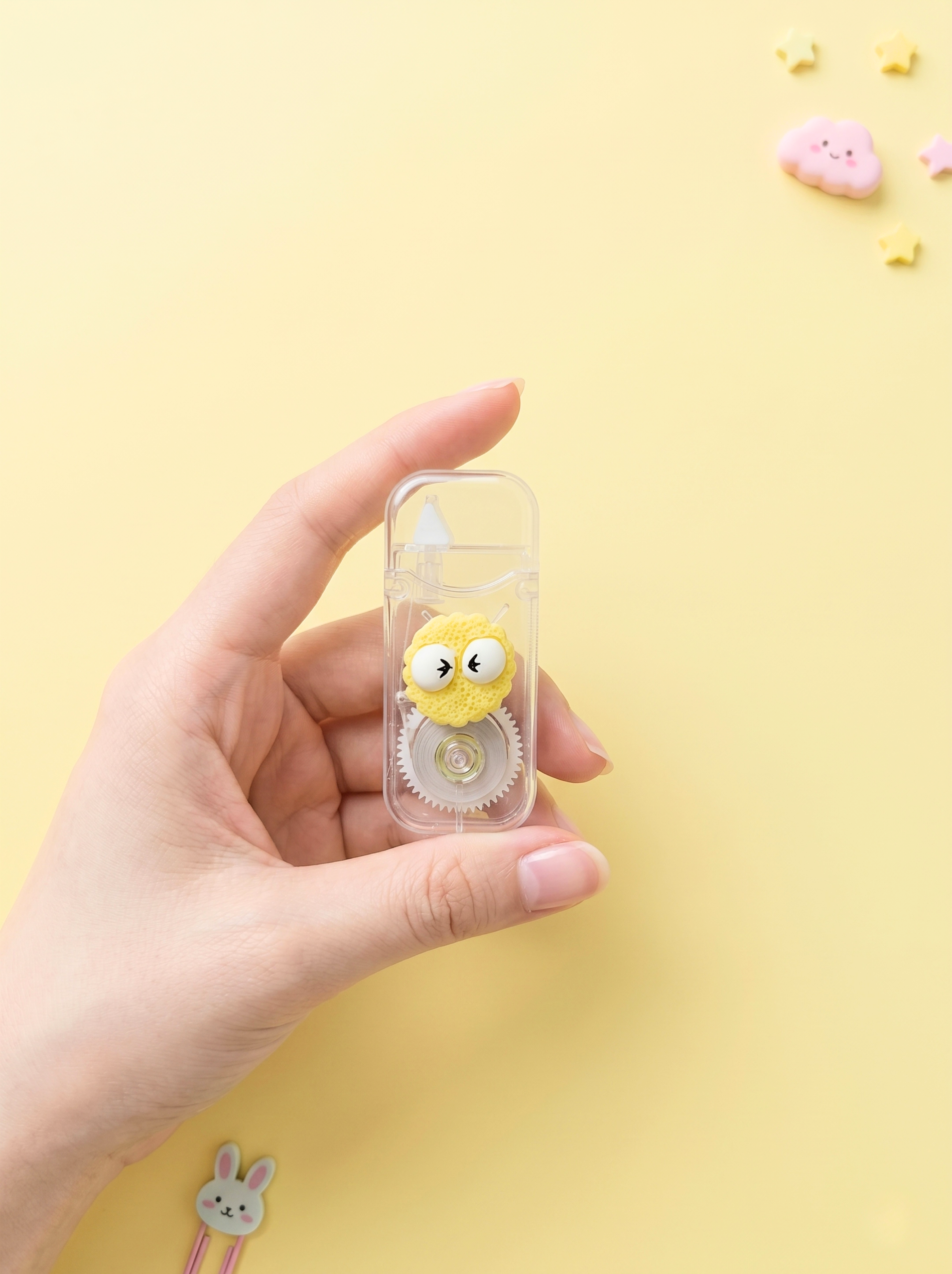 Hand holding a clear case with a cartoon character on a yellow background
