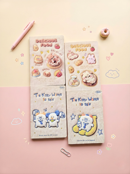 Two packages of 'Delicious Food' stickers with cartoon characters on a pink and yellow gradient background.