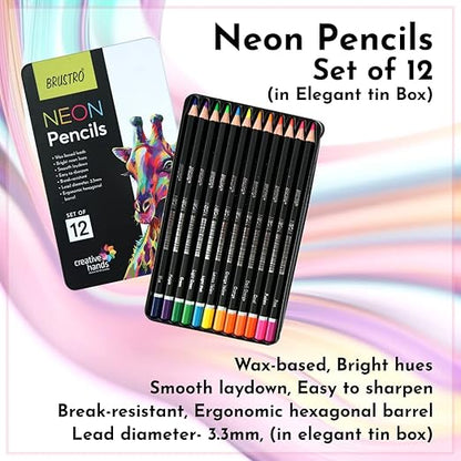 Set of 12 neon pencils in a tin box with product details on a colorful background