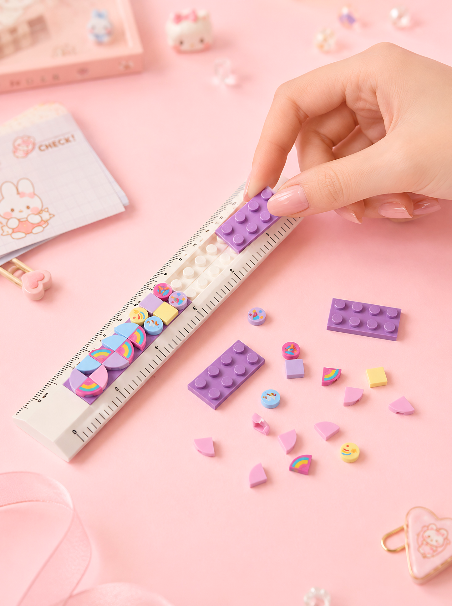 Colorful erasers on a pink surface with a hand holding a ruler.