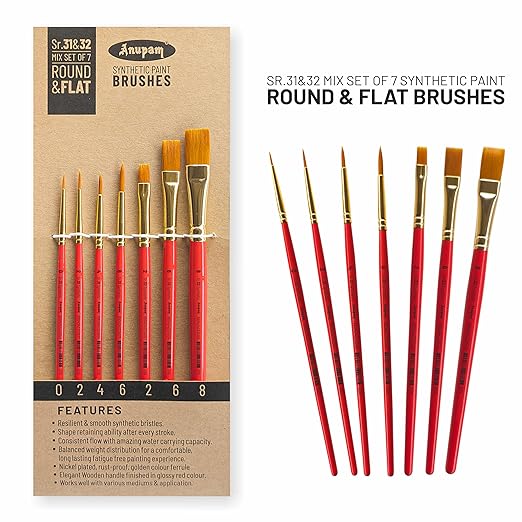 Set of 7 synthetic paint brushes with packaging on a white background
