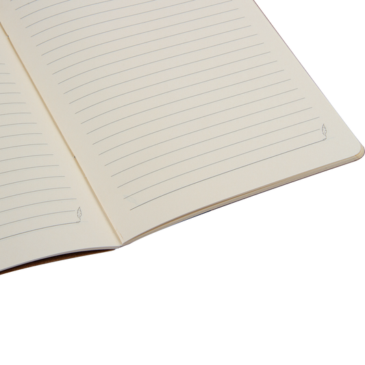 Open notebook with lined pages on a white background