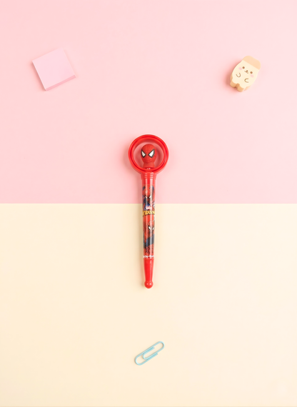 Pen with Spider-Man design on a pink and beige gradient background