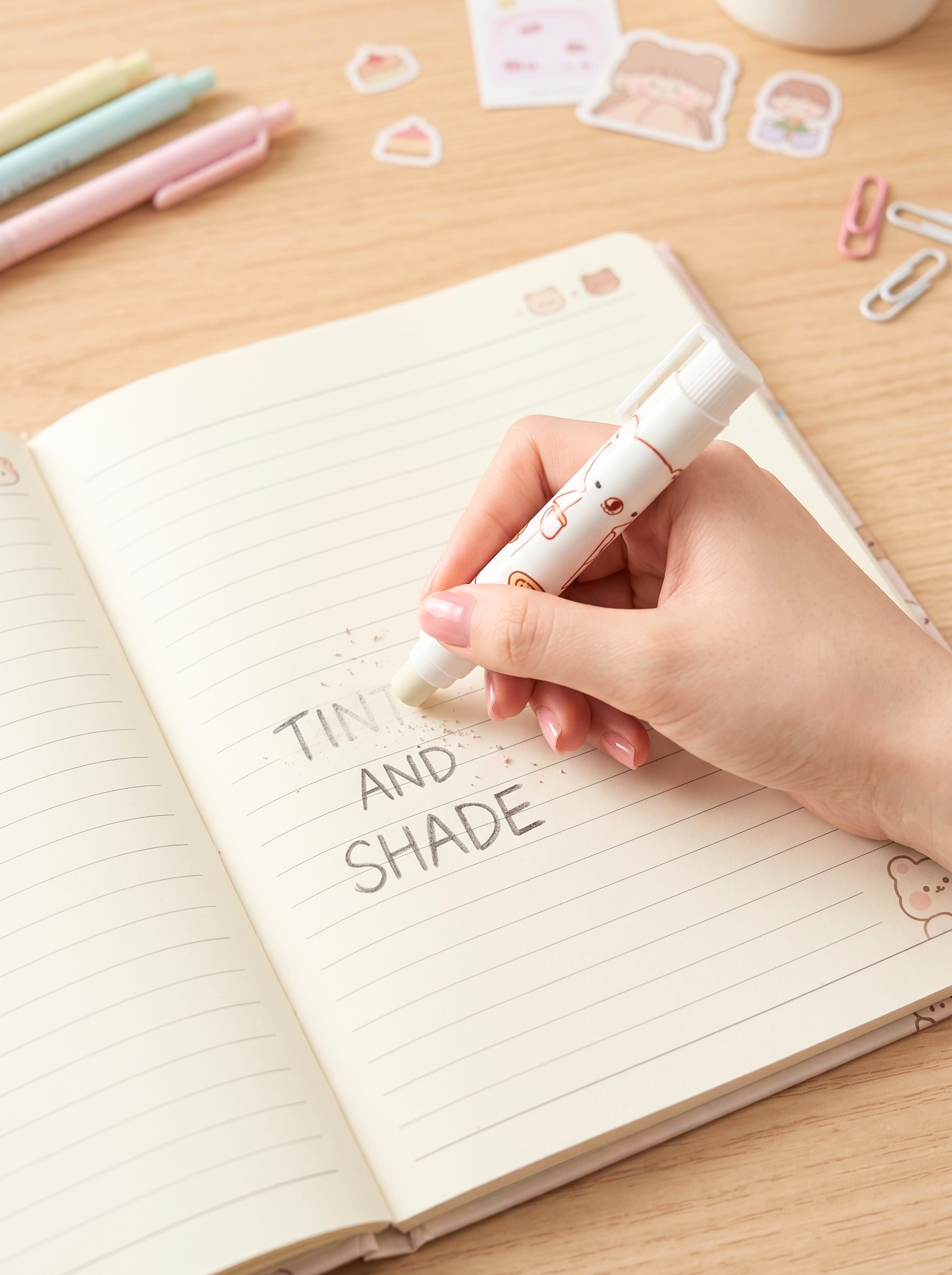 Hand writing 'Tone and Shade' in a notebook with a cute pen.
