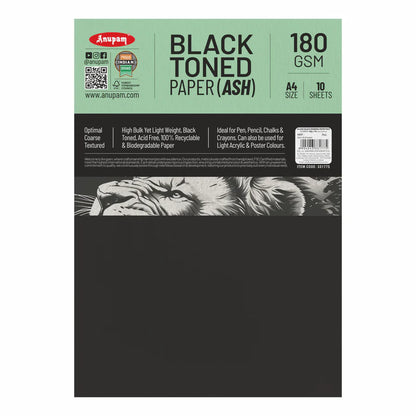 Anupam Black Toned Paper (Ash) packaging with black paper sample on a white background